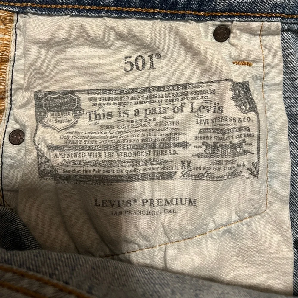 Levis Premium 501 Blue Distressed Denim Jean Shorts Frayed- Size 28